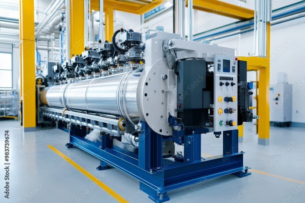 Industrial Extruder Machine in a Modern Factory Setting. This powerful machine is used for processing materials in various industries. The image showcases the machine's complex design, advanced techno Industrial Extruder Machine in a Modern Factory Setting. This powerful machine is used for processing materials in various industries. The image showcases the machine's complex design, advanced techno