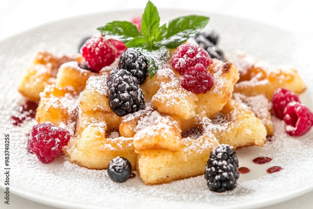 Kaiserschmarrn, a classic German dessert, features fluffy pancake-like pieces, dusted with powdered sugar and topped with fresh raspberries, blackberries, and a sprig of mint. Kaiserschmarrn, a classic German dessert, features fluffy pancake-like pieces, dusted with powdered sugar and topped with fresh raspberries, blackberries, and a sprig of mint.