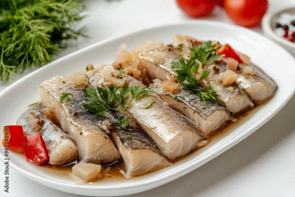 Marinated Herring Slices with Parsley and Onions, a traditional German dish, is a flavorful and refreshing appetizer or light meal. The herring is marinated in a tangy vinegar sauce, then topped with Marinated Herring Slices with Parsley and Onions, a traditional German dish, is a flavorful and refreshing appetizer or light meal. The herring is marinated in a tangy vinegar sauce, then topped with
