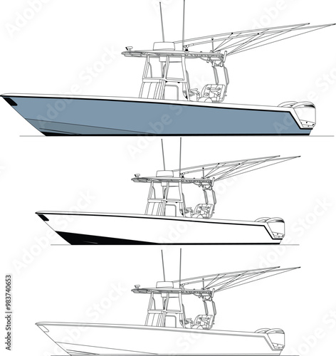 High-quality side view fishing boat vector line art illustration and one color