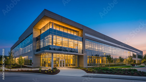 Modern office building illuminated at dusk showcasing sleek architecture and landscaping