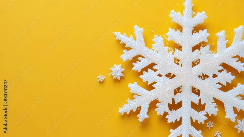 White sparkly snowflake ornament is lying on a yellow background with copy space, creating a cheerful christmas atmosphere White sparkly snowflake ornament is lying on a yellow background with copy space, creating a cheerful christmas atmosphere