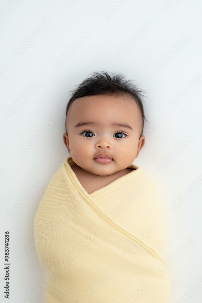 A serene and adorable baby swaddled in a soft yellow blanket, showcasing pure innocence and charm against a minimalist backdrop. A serene and adorable baby swaddled in a soft yellow blanket, showcasing pure innocence and charm against a minimalist backdrop.