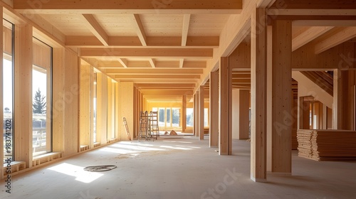 Wooden Beams and Columns in a Room Under Construction