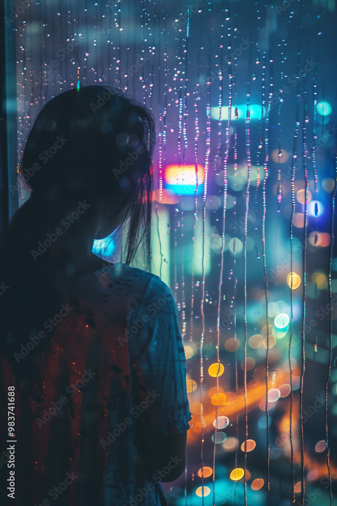 Woman gazing at rainy window while enjoying scenic night city view with reflections Woman gazing at rainy window while enjoying scenic night city view with reflections