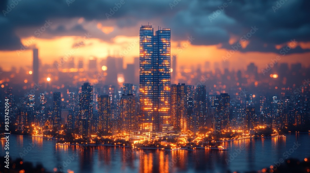 Fototapeta premium A vibrant city skyline at dusk with illuminated buildings and water.