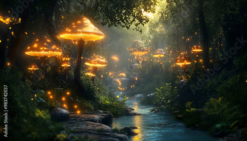 A mystical forest with glowing mushrooms, winding rivers, and floating islands, creating a magical and otherworldly feel