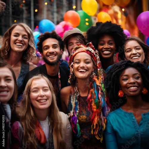 A joyful gathering of friends from various backgrounds, smiling and enjoying a lively street festival filled with balloons and vibrant colors. The scene captures the essence of community, diversity