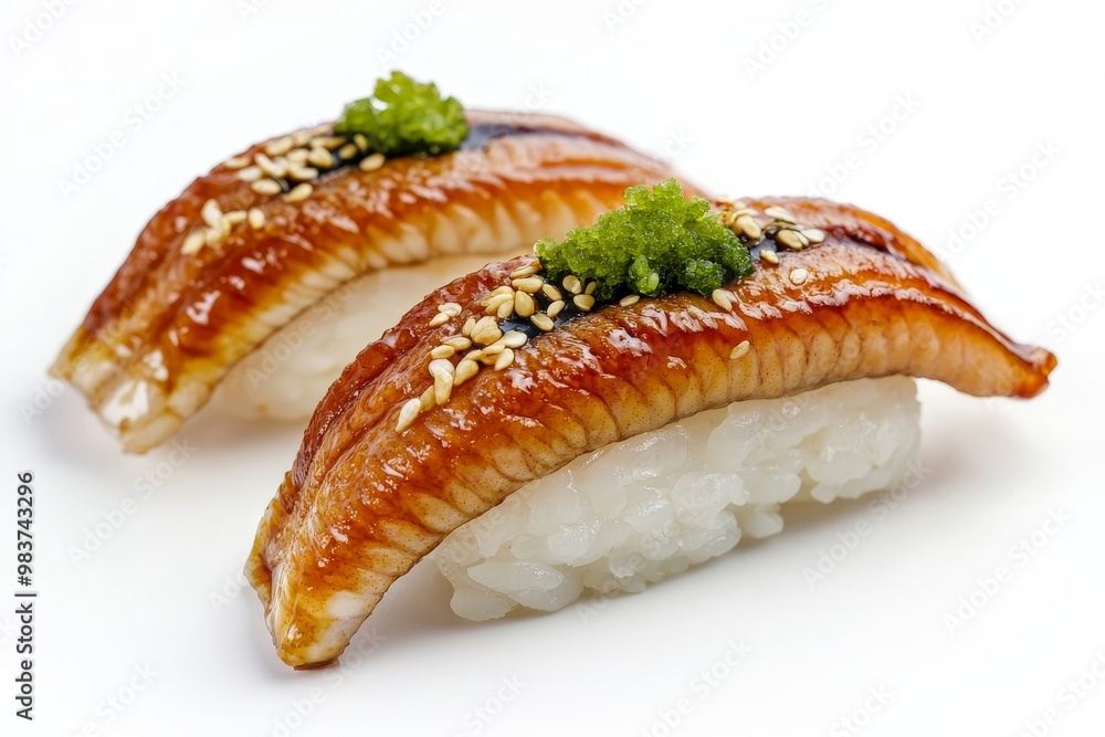 Two pieces of Unagi Nigiri Sushi, a popular Japanese dish, featuring grilled eel, sushi rice, sesame seeds, and wasabi. Two pieces of Unagi Nigiri Sushi, a popular Japanese dish, featuring grilled eel, sushi rice, sesame seeds, and wasabi.