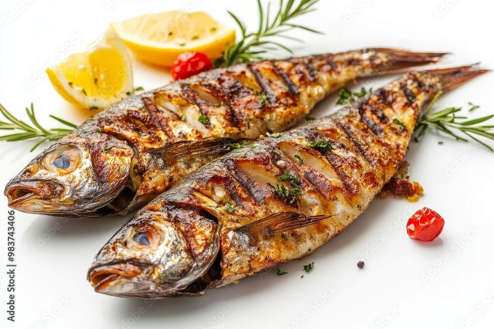 Two perfectly grilled sardines, seasoned with herbs and spices, sit on a white plate, accompanied by lemon wedges and sprigs of rosemary. A classic and delicious seafood dish. Two perfectly grilled sardines, seasoned with herbs and spices, sit on a white plate, accompanied by lemon wedges and sprigs of rosemary. A classic and delicious seafood dish.