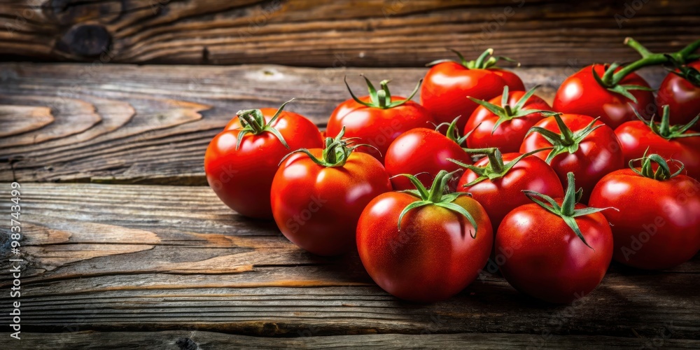 Vibrant red tomatoes on rustic wooden background, fresh, organic, healthy, ripe, cooking, ingredients, food, salad, vegetables Vibrant red tomatoes on rustic wooden background, fresh, organic, healthy, ripe, cooking, ingredients, food, salad, vegetables