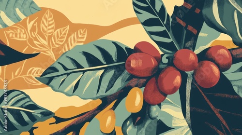 Colorful Coffee Plant Illustration with Leaves and Berries