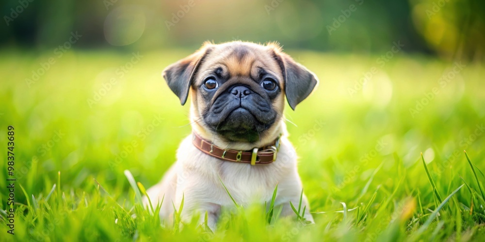 Cute pug puppy on grass wearing flea and tick collar, pug, puppy, dog, pet, cute, adorable, green, lawn, grass, outdoor, standing Cute pug puppy on grass wearing flea and tick collar, pug, puppy, dog, pet, cute, adorable, green, lawn, grass, outdoor, standing