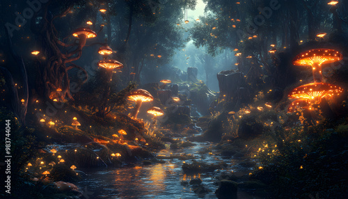 A mystical forest with glowing mushrooms, winding rivers, and floating islands, creating a magical and otherworldly feel