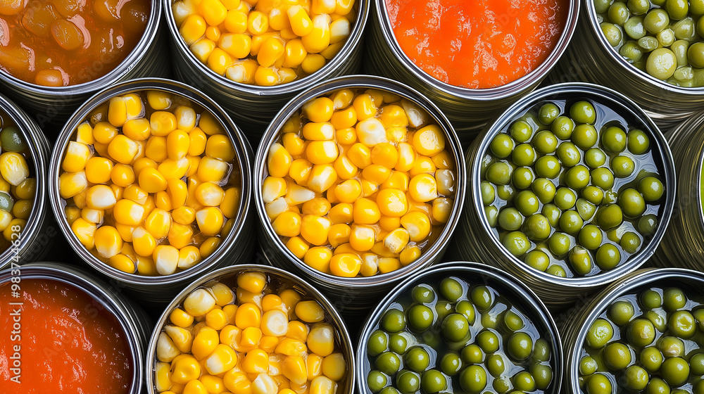 Overhead view of open cans filled with corn, peas, tomatoes, and other preserved vegetables. Overhead view of open cans filled with corn, peas, tomatoes, and other preserved vegetables.