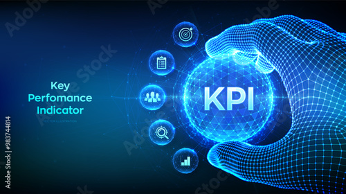 KPI. Key performance indicator business industrial analysis technology concept in the shape of polygonal sphere in wireframe hand. Data analytics. Business Intelligence metrics. Vector illustration.