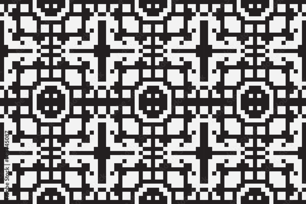 Vector monochrome ornamental pattern in ethnic style. Traditional folk motif. Abstract geometric seamless texture with floral shapes, grid, Vector monochrome ornamental pattern in ethnic style. Traditional folk motif. Abstract geometric seamless texture with floral shapes, grid,