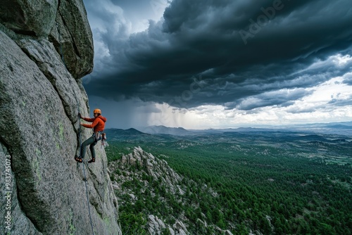 A climber ascends a rocky cliff under a dramatic stormy sky, showcasing adventure and nature. photo