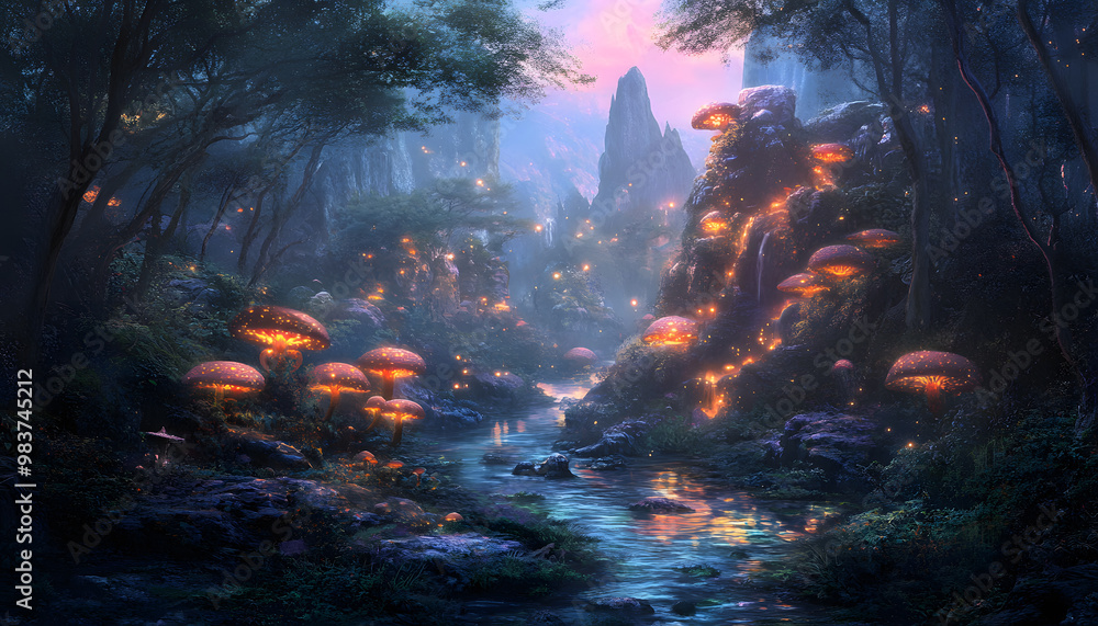 Fototapeta premium A mystical forest with glowing mushrooms, winding rivers, and floating islands, creating a magical and otherworldly feel