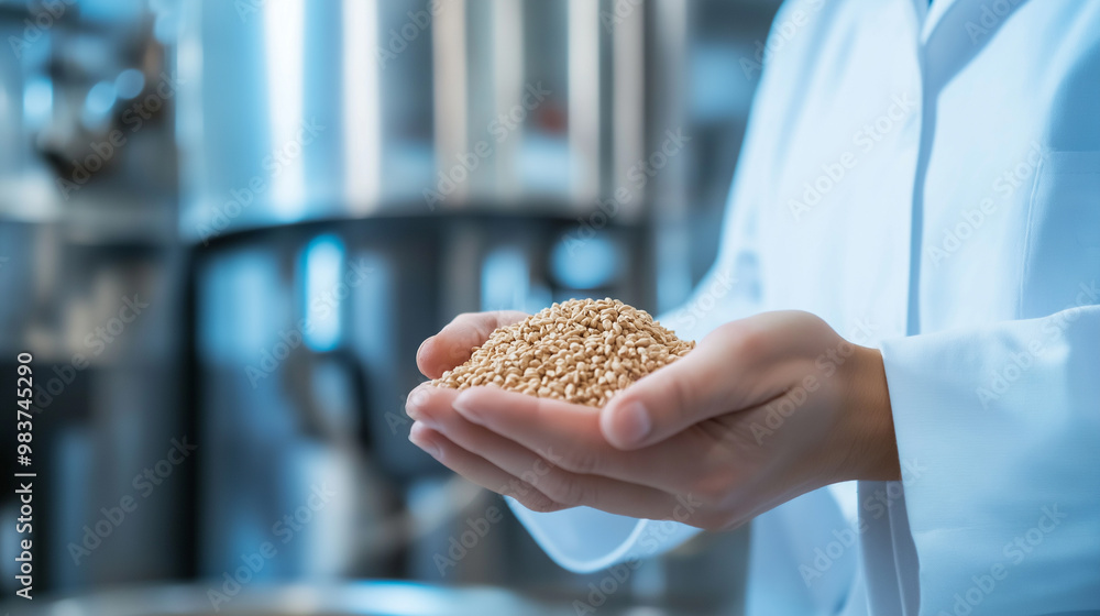 Scientist holding handfuls of grains in a food production facility. Scientist holding handfuls of grains in a food production facility.
