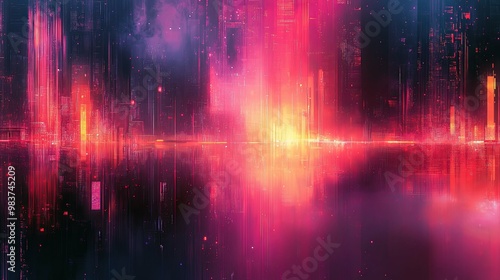 Abstract Cityscape with Digital Glitch and Neon Lights