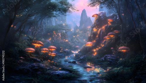 A mystical forest with glowing mushrooms, winding rivers, and floating islands, creating a magical and otherworldly feel