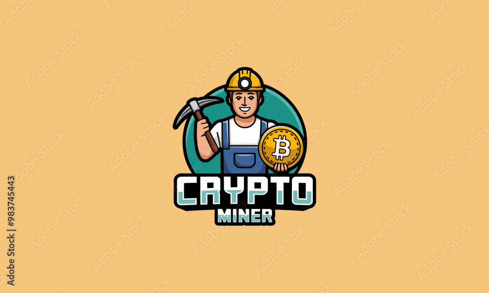 Crypto miner logo with pickaxe and Bitcoin coin Crypto miner logo with pickaxe and Bitcoin coin