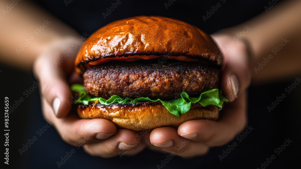 A person holds delicious lab grown burger patty, showcasing its vibrant colors and fresh ingredients. burger features shiny bun, crisp lettuce, and perfectly cooked patty, highlighting modern culinary A person holds delicious lab grown burger patty, showcasing its vibrant colors and fresh ingredients. burger features shiny bun, crisp lettuce, and perfectly cooked patty, highlighting modern culinary