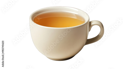 side view of a simple white ceramic cup filled with herbal tea transparant background