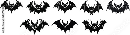 Set of Halloween Bat Vector Icons in Black and White