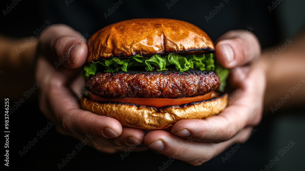 Hands holding lab grown burger patty, showcasing delicious and sustainable alternative to traditional meat. vibrant colors and textures highlight its appeal Hands holding lab grown burger patty, showcasing delicious and sustainable alternative to traditional meat. vibrant colors and textures highlight its appeal