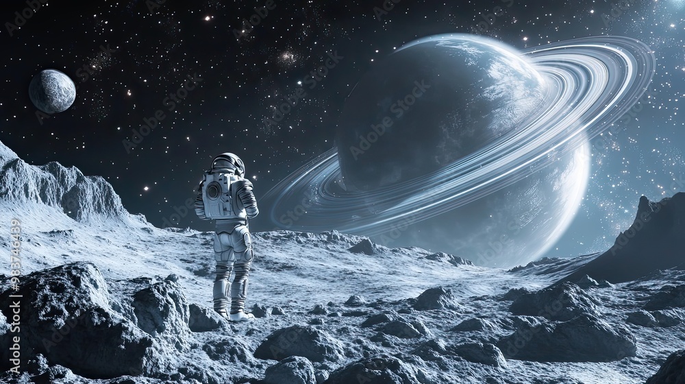 Obraz premium Astronaut Contemplating a Ringed Planet in a Starry Sky
