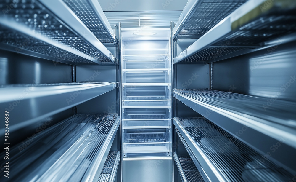 Empty commercial freezer with clean shelves and bright lighting. Empty commercial freezer with clean shelves and bright lighting.