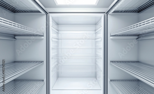 Empty commercial freezer with clean shelves and bright lighting. photo