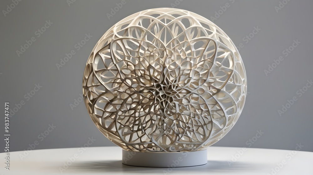 An intricate 3D-printed sculpture with complex, geometric patterns, displayed on a clean, modern pedestal