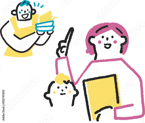 スキルアップやリスキリングに頑張る主婦とそれを応援する家族　ストックイラスト素材	
