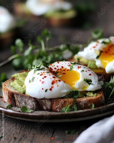 A close-up of avocado toast topped with poached eggs and herbs on a rustic plate. photo