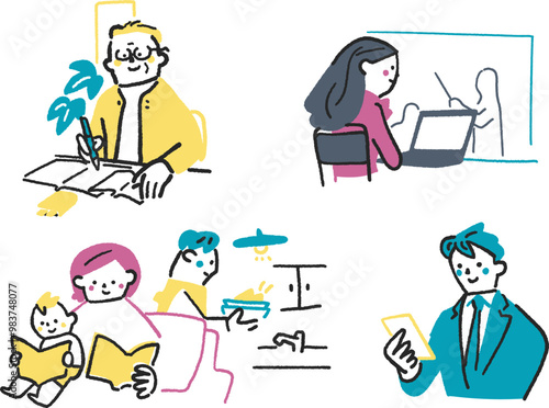 さまざまな場面で勉強やリスキリングする人々　セットのストックイラスト素材
