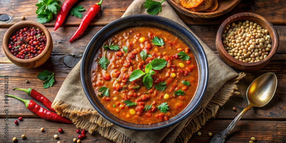 Spicy Moroccan lentil soup with harissa in a bowl on a rustic table , food, Moroccan, cuisine, soup, lentils, harissa, spicy Spicy Moroccan lentil soup with harissa in a bowl on a rustic table , food, Moroccan, cuisine, soup, lentils, harissa, spicy