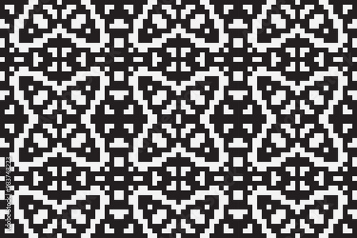 Vector monochrome ornamental pattern in ethnic style. Traditional folk motif. Abstract geometric seamless texture with floral shapes, grid,