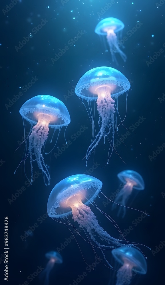 Fototapeta premium Glowing Jellyfish Floating in the Deep Sea for Phone Wallpaper.
