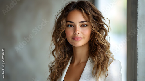 A confident young woman with curly hair smiles warmly in a modern, bright environment, showcasing natural beauty and elegance.