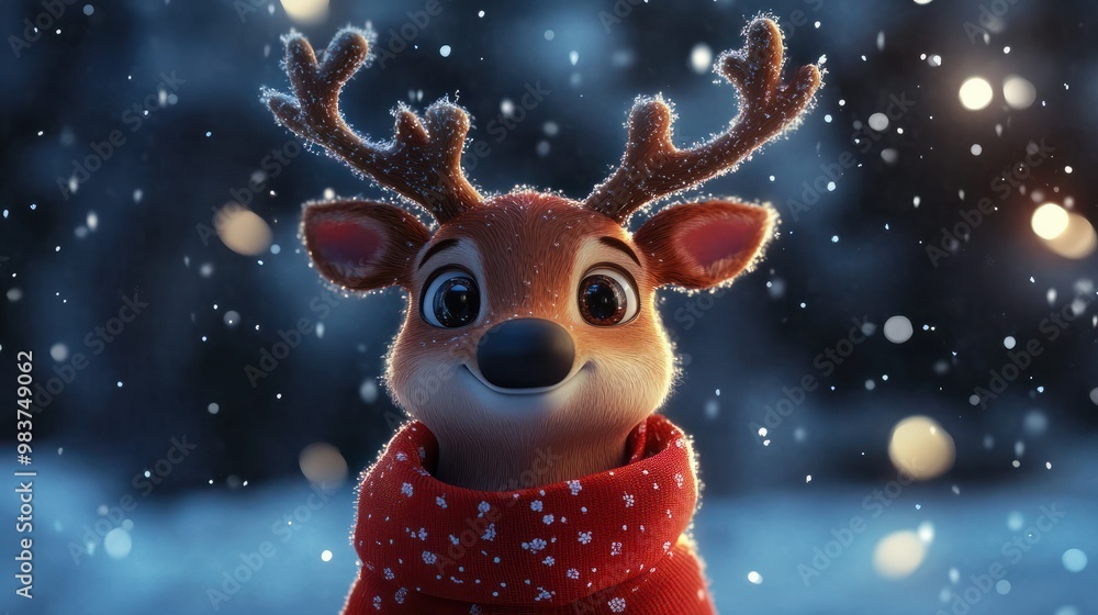 3d cute reindeer mascot character design in winter eve background. Merry christmas and happy new year banner design concept. Generative AI 3d cute reindeer mascot character design in winter eve background. Merry christmas and happy new year banner design concept. Generative AI