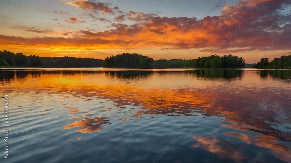 The vibrant colors of a sunset reflecting on a calm lake, creating a mirror-like surface The vibrant colors of a sunset reflecting on a calm lake, creating a mirror-like surface