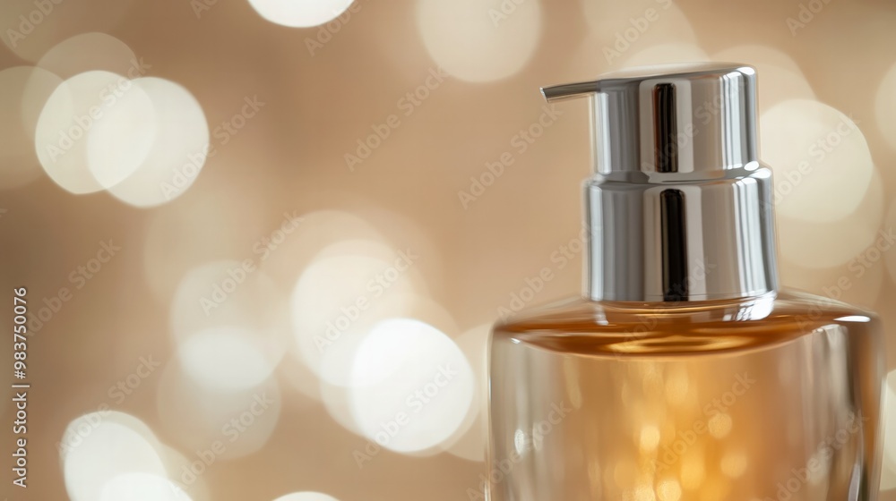 Close-up of a skincare bottle with a silver cap, elegant and minimalistic, softly lit background. Close-up of a skincare bottle with a silver cap, elegant and minimalistic, softly lit background.