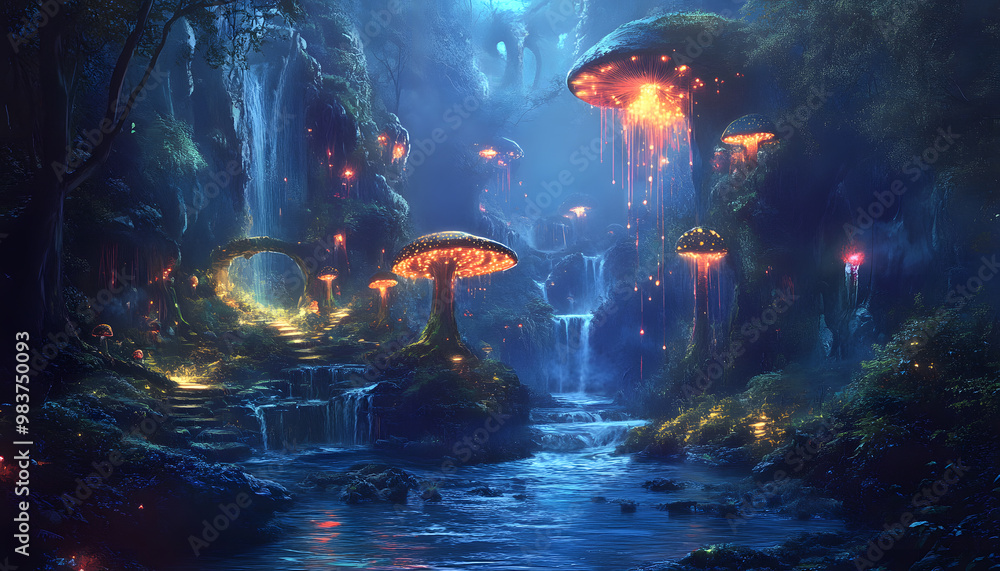 A mystical forest with glowing mushrooms, winding rivers, and floating islands, creating a magical and otherworldly feel A mystical forest with glowing mushrooms, winding rivers, and floating islands, creating a magical and otherworldly feel