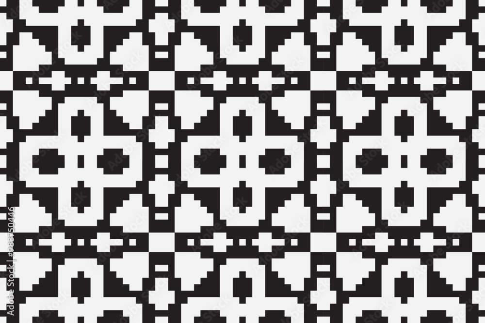 Vector monochrome ornamental pattern in ethnic style. Traditional folk motif. Abstract geometric seamless texture with floral shapes, grid, Vector monochrome ornamental pattern in ethnic style. Traditional folk motif. Abstract geometric seamless texture with floral shapes, grid,