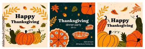 Happy Thanksgiving social media posts collection. Autumn vector illustration set for holiday celebration with pumpkin pie, fall leaves, acorn. design concept, banner templates, greeting cards