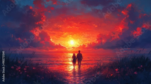 A couple walks hand-in-hand at sunset by the ocean.