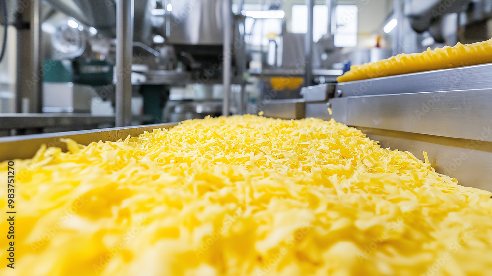 Conveyor belt of shredded cheese moving through a food processing factory. Conveyor belt of shredded cheese moving through a food processing factory.
